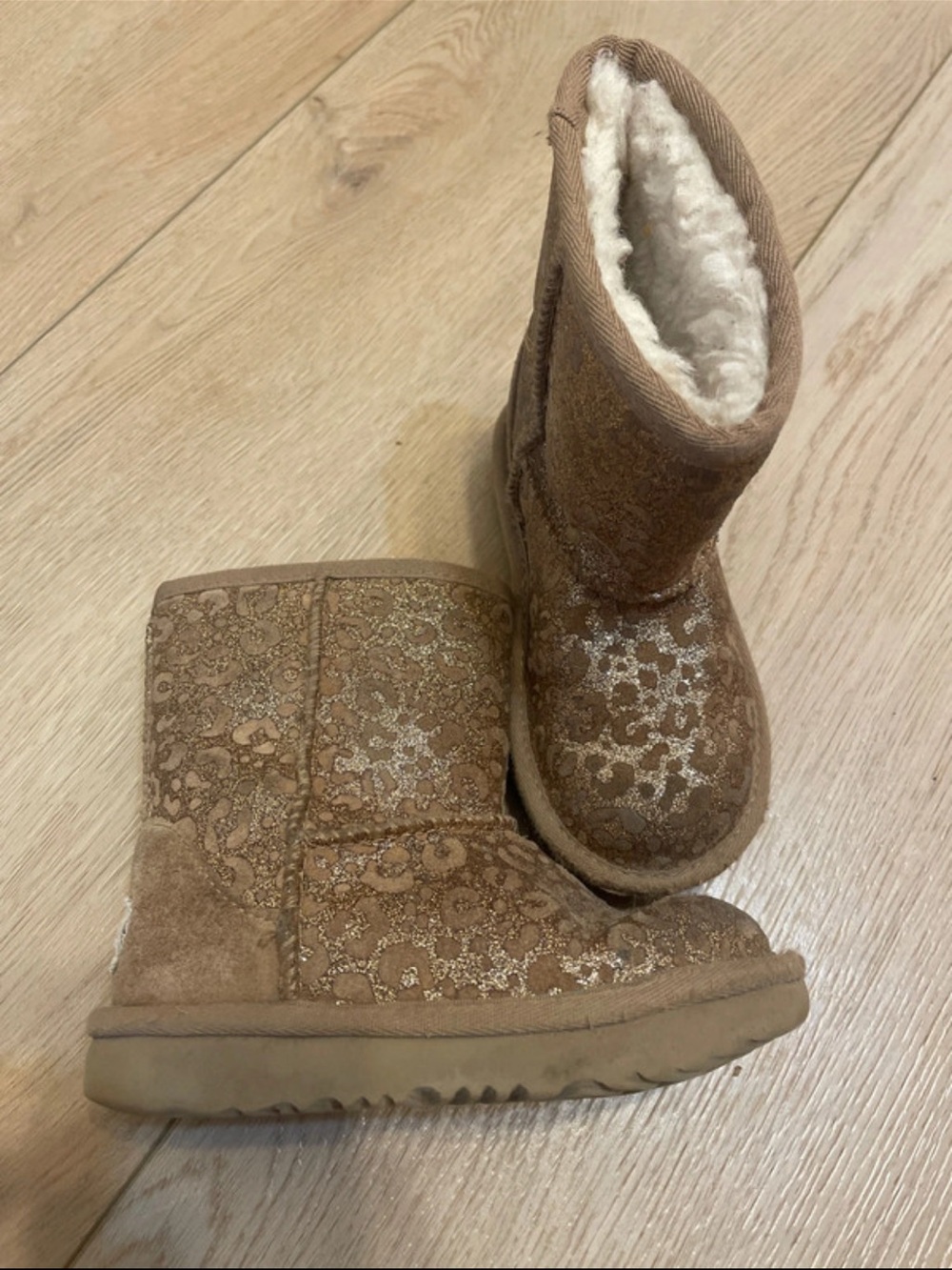 UGG Kids Brown Metallic Floral Shearling Boots-cheetah print